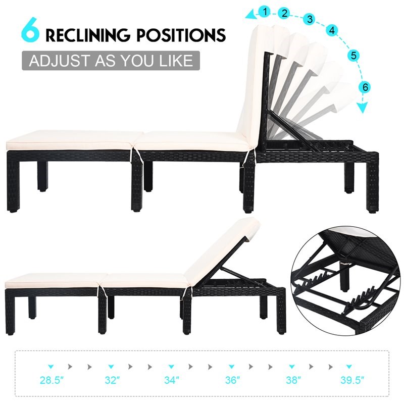 Pemberly Row 2 Pcs Rattan Patio Garden Lounge Chaise Chair with Cushion in White