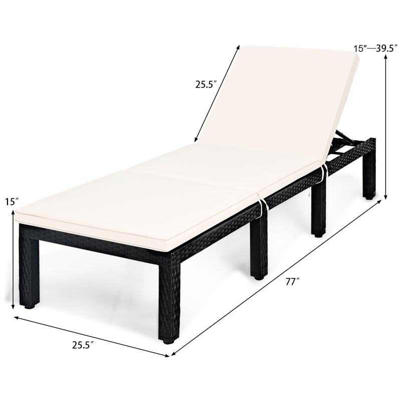 Pemberly Row 2 Pcs Rattan Patio Garden Lounge Chaise Chair with Cushion in White