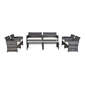 Pemberly Row 8 Pcs Rattan Patio Conversation Furniture Set with Cushion in Gray
