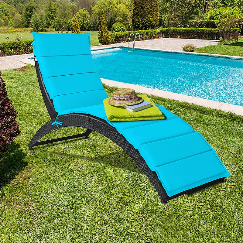 Pemberly Row 2 Pieces Rattan Folding Patio Lounge Chaise Chair in Turquoise