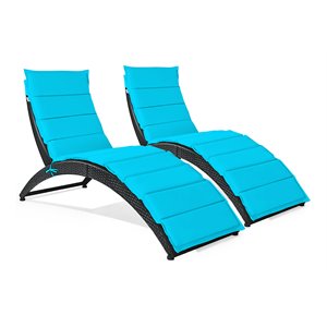 Pemberly Row 2 Pieces Rattan Folding Patio Lounge Chaise Chair in Turquoise