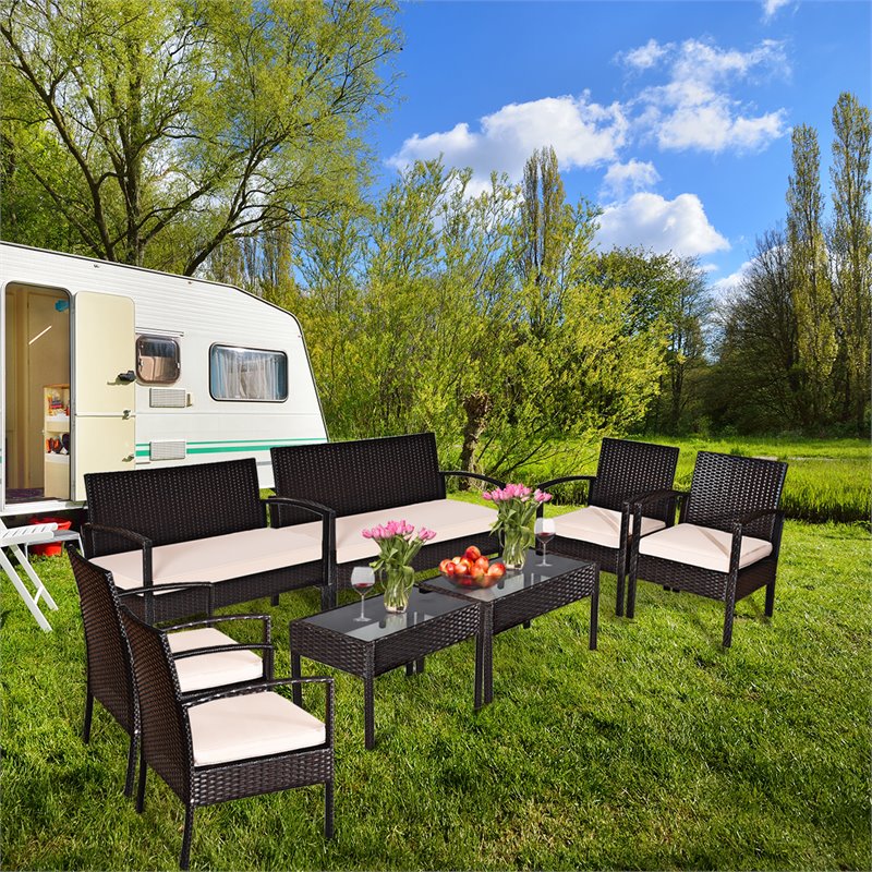 Pemberly Row 8 Pieces Patio Conversation Furniture Set with Cushion in Black
