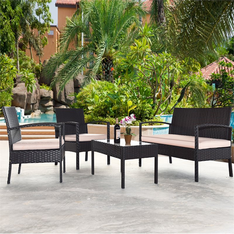 Pemberly Row 8 Pieces Patio Conversation Furniture Set with Cushion in Black