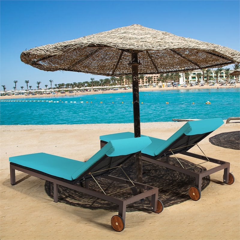 Pemberly Row 2 Pcs Adjustable Rattan Patio Lounge Chair with Wheels in Turquoise