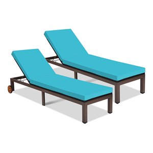 Pemberly Row 2 Pcs Adjustable Rattan Patio Lounge Chair with Wheels in Turquoise