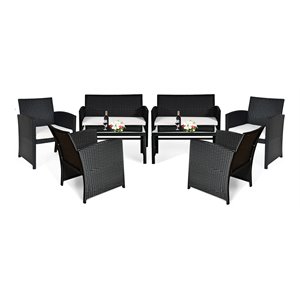 Pemberly Row 8 Pcs Rattan Patio Conversation Furniture Set with Cushion in Black