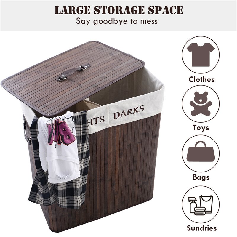 Pemberly Row Bamboo Folding Double Rectangle Hamper Laundry Basket in Brown