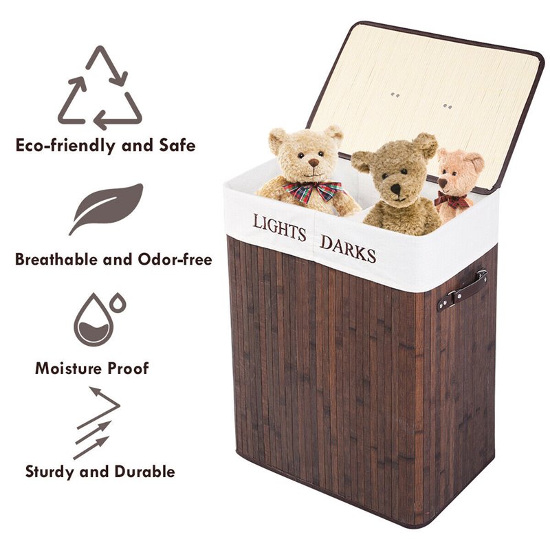 Pemberly Row Bamboo Folding Double Rectangle Hamper Laundry Basket in Brown