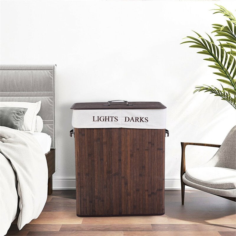 Pemberly Row Bamboo Folding Double Rectangle Hamper Laundry Basket in Brown