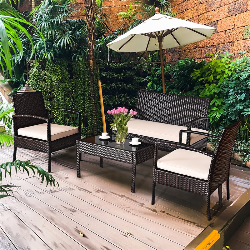 Pemberly Row 4 Pieces Patio Conversation Furniture Set with Cushion in Black