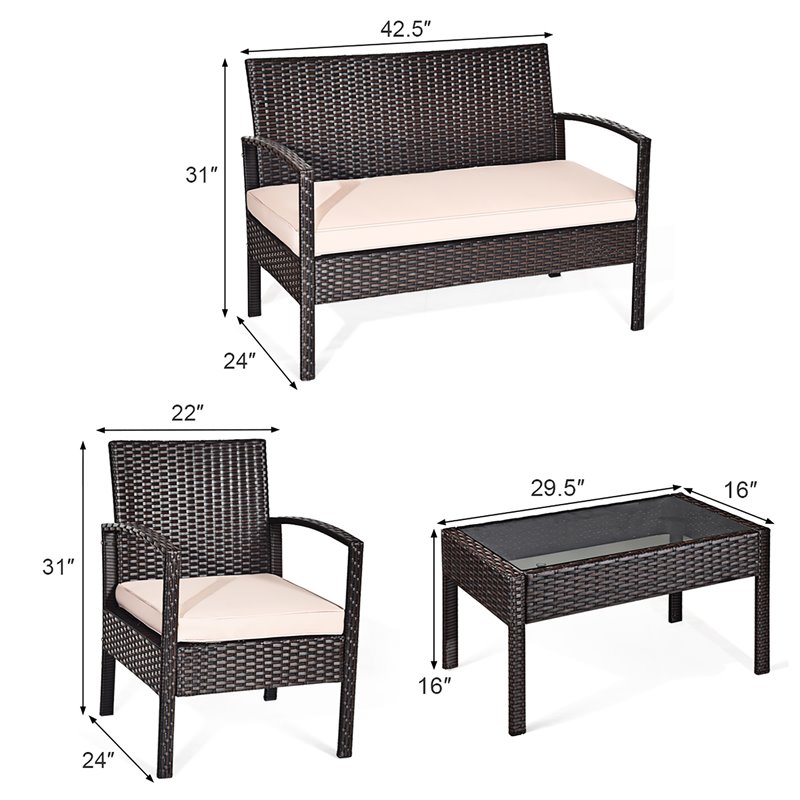 Pemberly Row 4 Pieces Patio Conversation Furniture Set with Cushion in Black