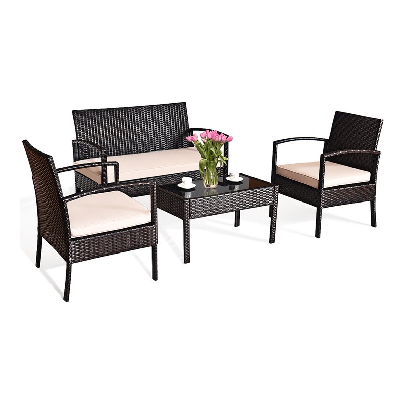 Pemberly Row 4 Pieces Patio Conversation Furniture Set with Cushion in Black