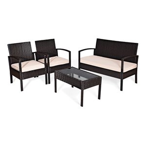 Pemberly Row 4 Pcs Rattan Patio Conversation Furniture Set with Cushion in Black