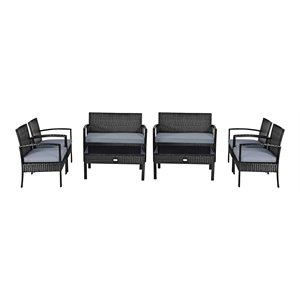 Pemberly Row 8 Pcs Rattan & Steel Frame Garden Deck Patio Furniture Set in Black