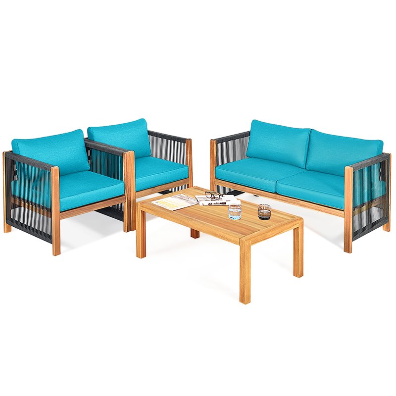 Pemberly Row 8 Pieces Wood Patio Furniture Set with Rope Armrest in Turquoise