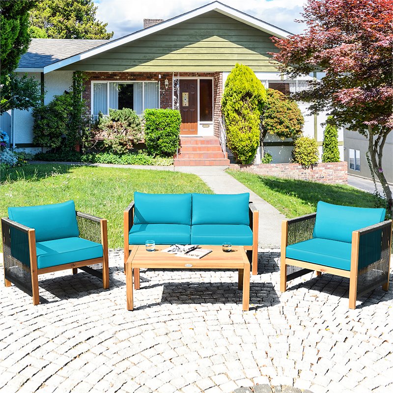 Pemberly Row 8 Pieces Wood Patio Furniture Set with Rope Armrest in Turquoise