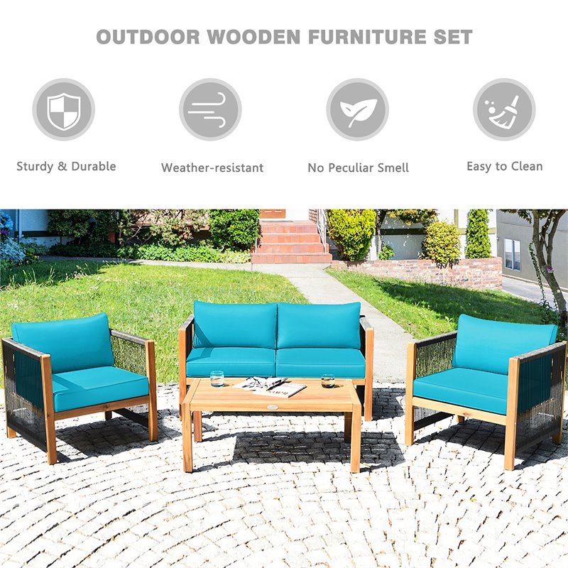 Pemberly Row 8 Pieces Wood Patio Furniture Set with Rope Armrest in Turquoise