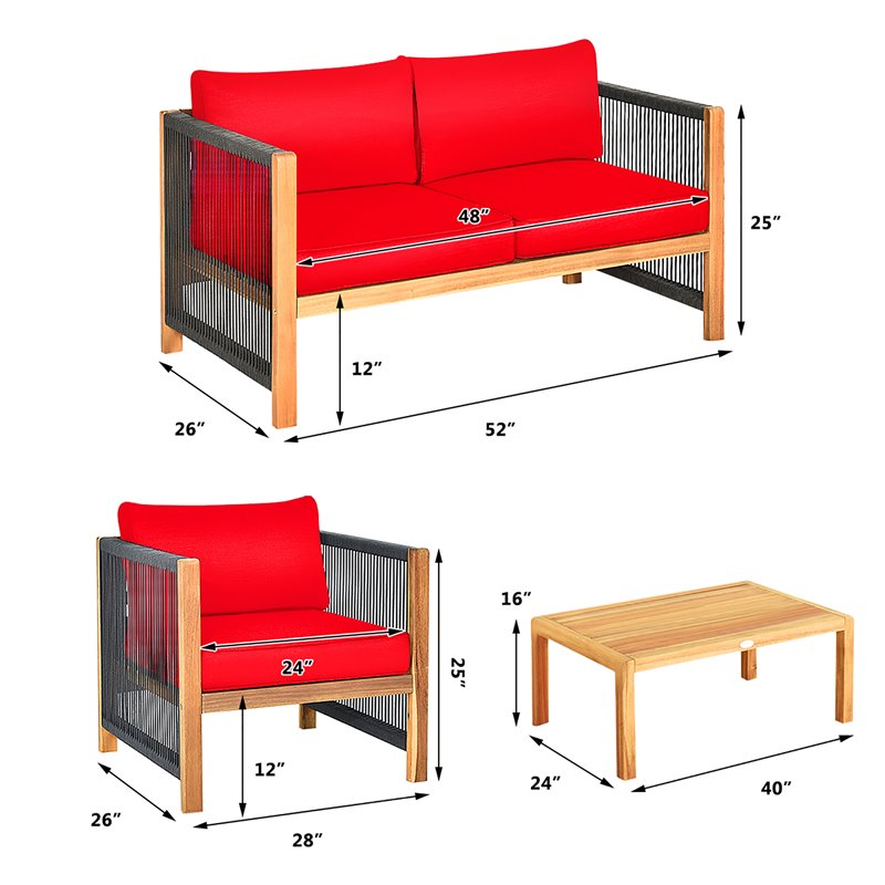 Pemberly Row 8 Pcs Wood Patio Conversation Set with Cushions for Garden in Red