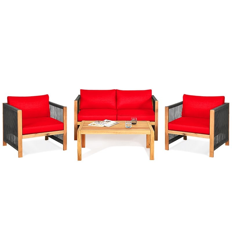 Pemberly Row 8 Pcs Wood Patio Conversation Set with Cushions for Garden in Red