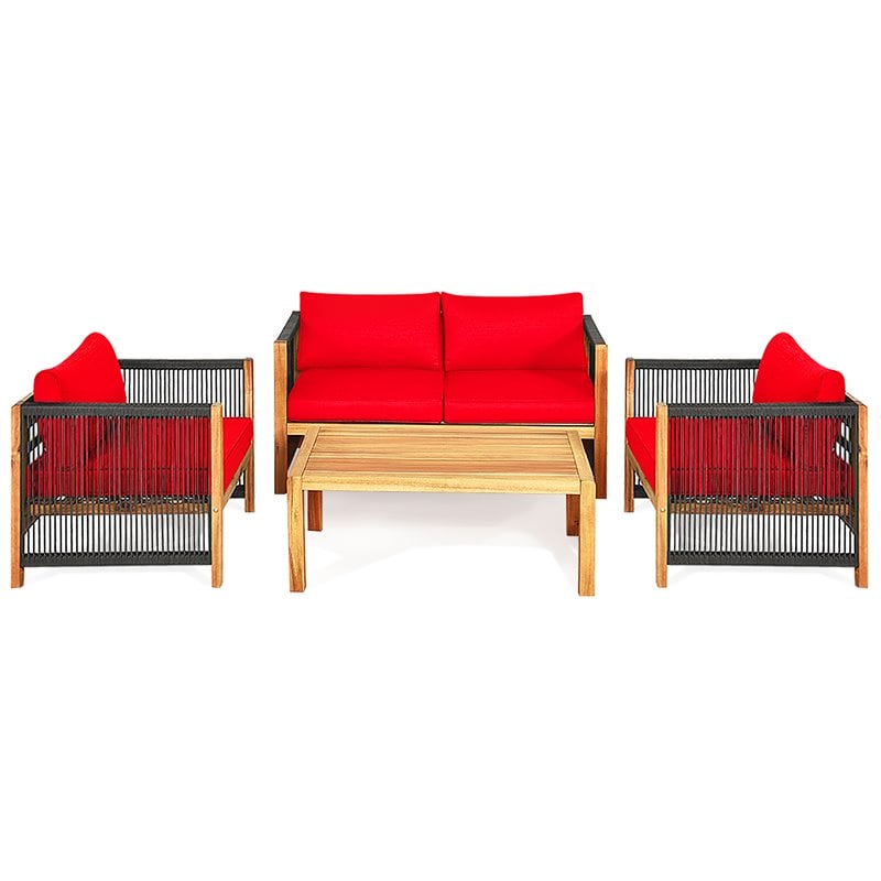 Pemberly Row 8 Pcs Wood Patio Conversation Set with Cushions for Garden in Red