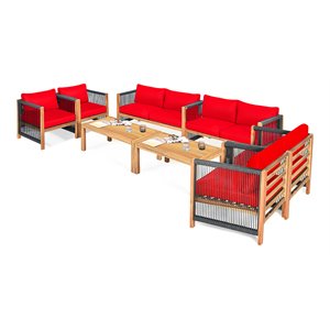 Pemberly Row 8 Pcs Wood Patio Conversation Set with Cushions for Garden in Red