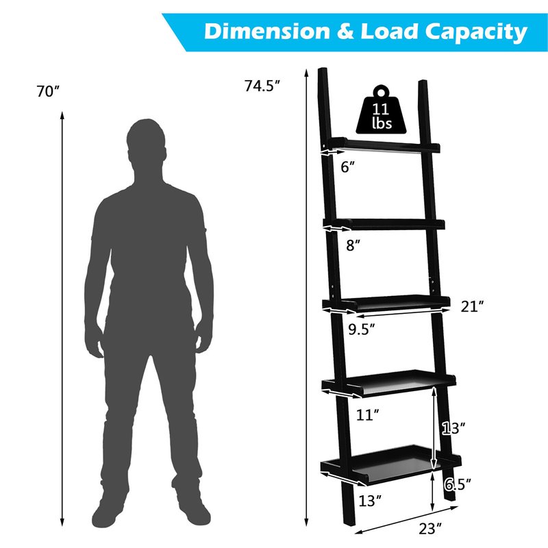 Pemberly Row 5-Tier Contemporary MDF Ladder Shelves in Black Finish