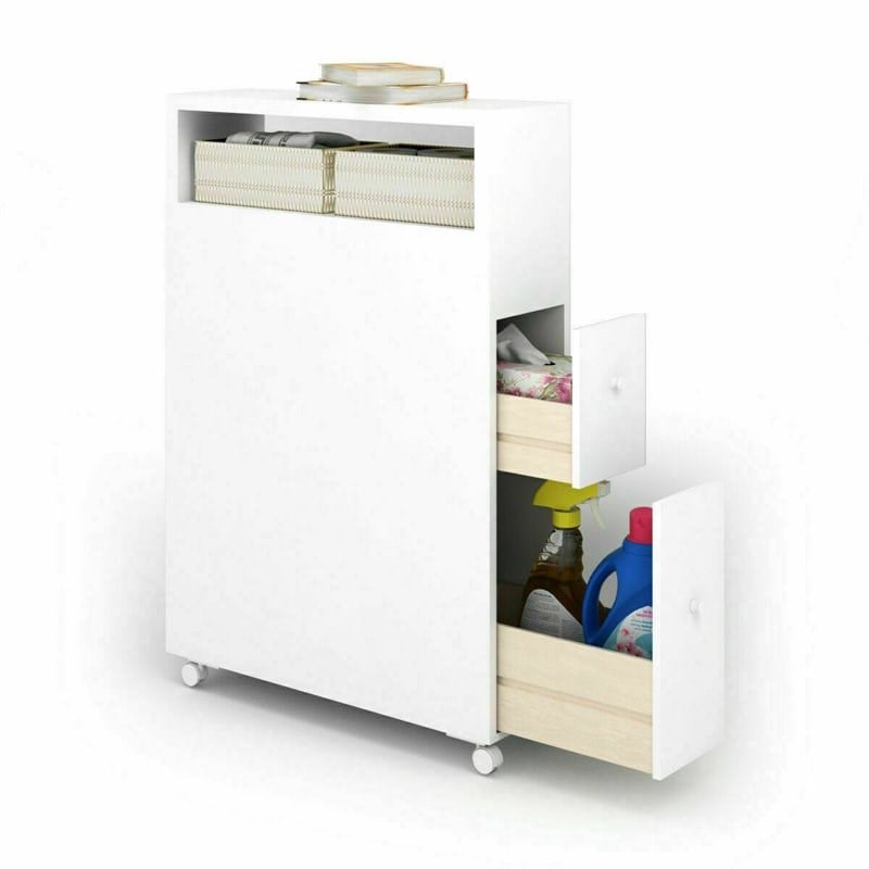 Pemberly Row MDF Floor Cabinet with 4 Rolling Casters in White Finish