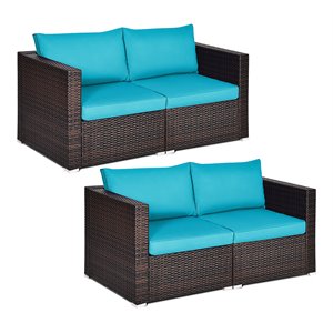 Pemberly Row 4 Pieces Rattan Patio Corner Sofa Sectional with Cushion in Blue