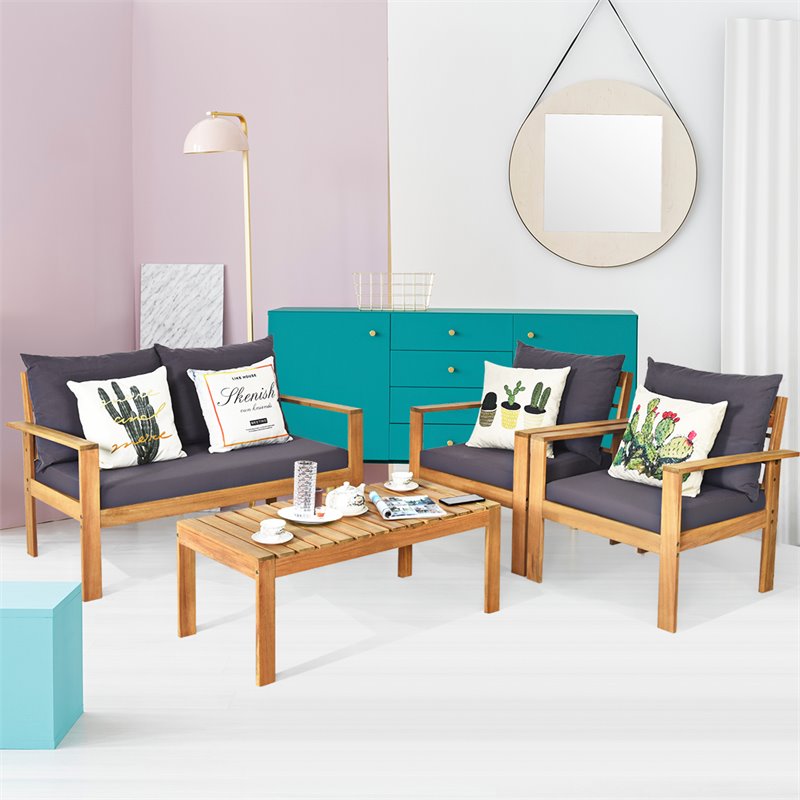 Pemberly Row 8 Pcs Acacia Wood Patio Furniture Set with Thick Cushion in Brown