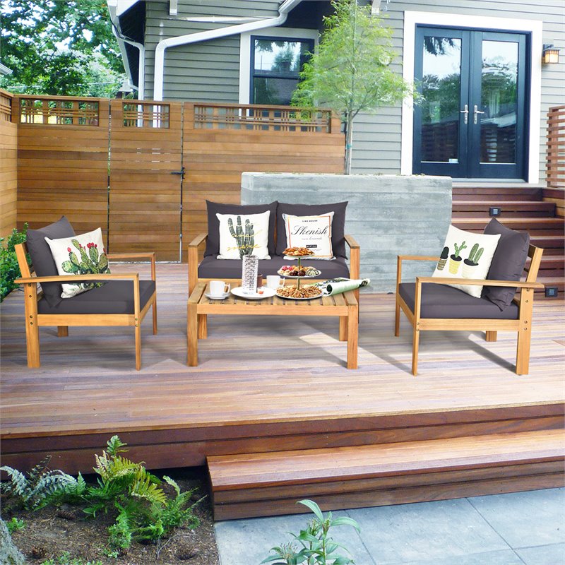 Pemberly Row 8 Pcs Acacia Wood Patio Furniture Set with Thick Cushion in Brown