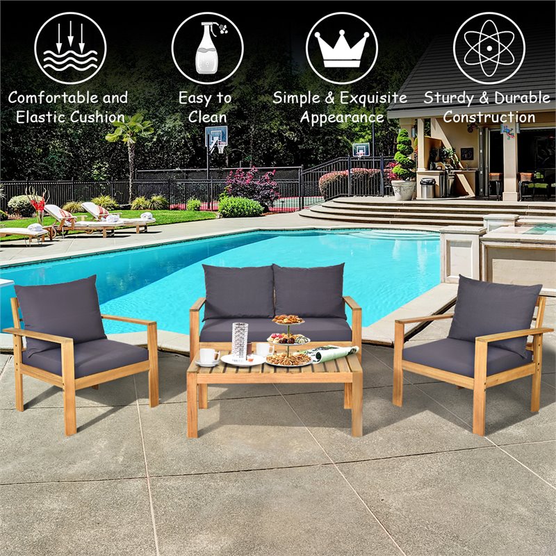 Pemberly Row 8 Pcs Acacia Wood Patio Furniture Set with Thick Cushion in Brown