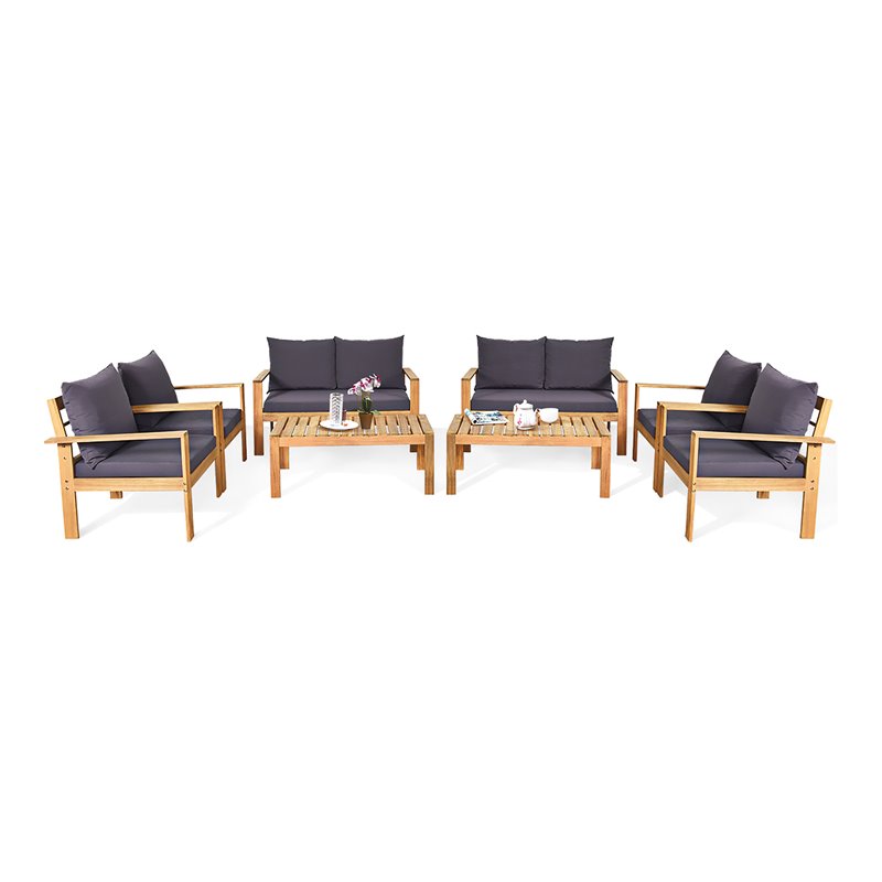 Pemberly Row 8 Pcs Acacia Wood Patio Furniture Set with Thick Cushion in Brown