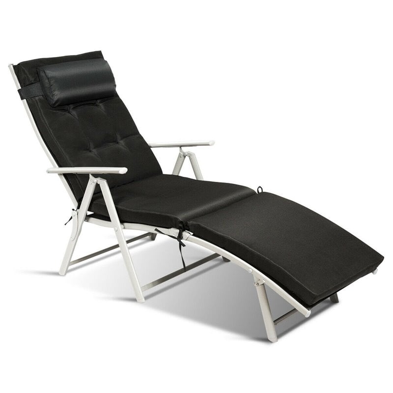 Pemberly Row 2 Pieces Outdoor Folding Chaise Lounge Chair with Cushion in Black