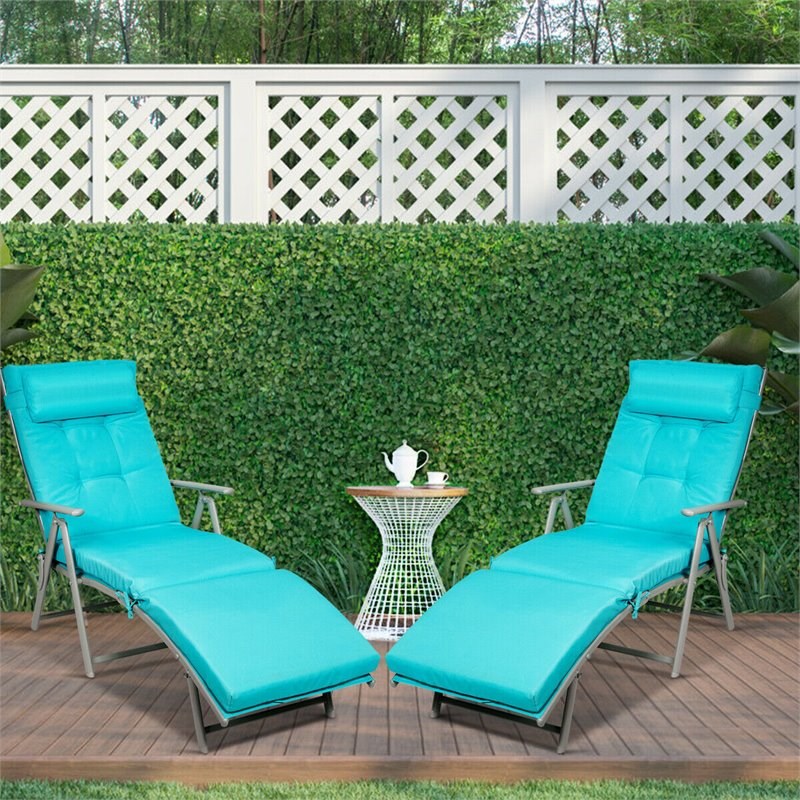 Pemberly Row 2 Pcs Outdoor Folding Chaise Lounge Chair with Cushion in Turquoise
