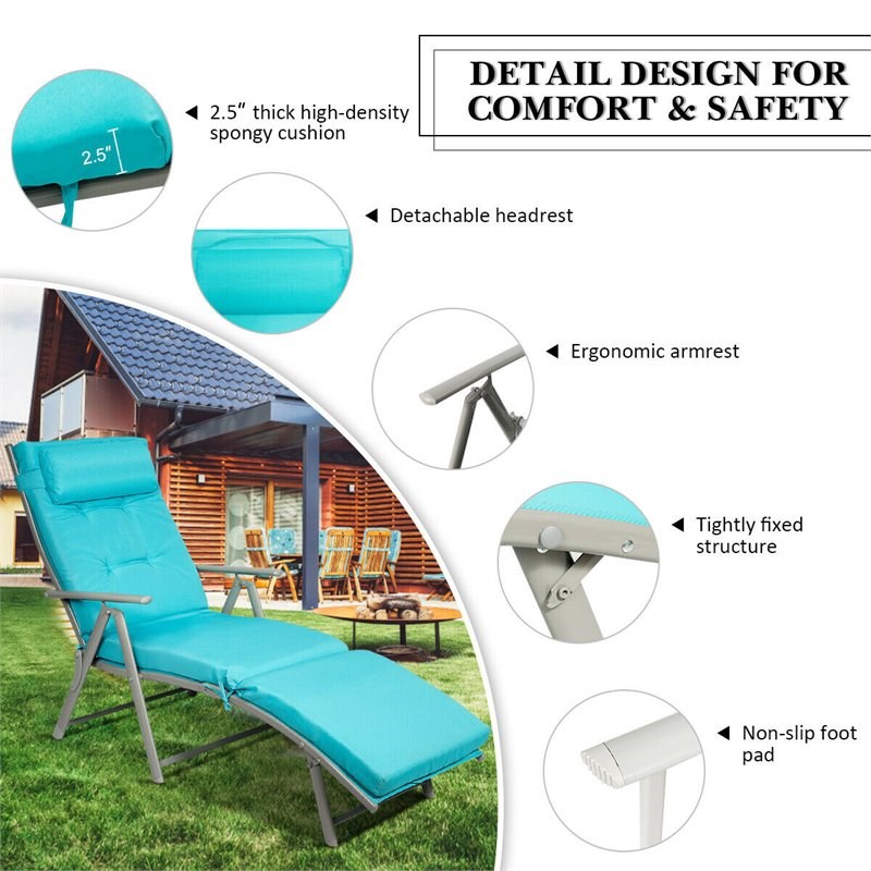 Pemberly Row 2 Pcs Outdoor Folding Chaise Lounge Chair with Cushion in Turquoise