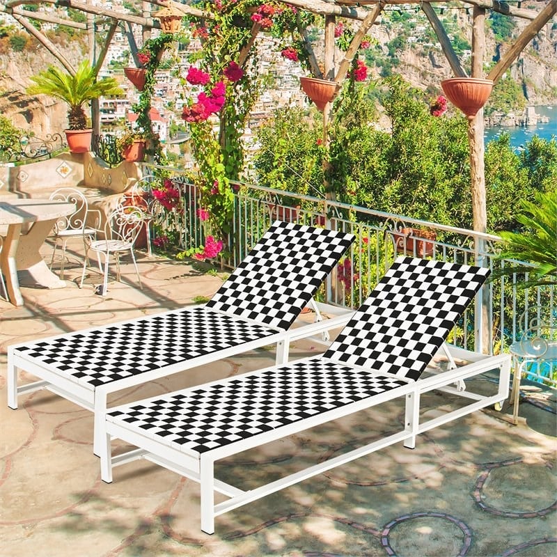 Pemberly Row 2 Pieces Metal Patio Lounge Chaise Chair with Wheel in Black/White