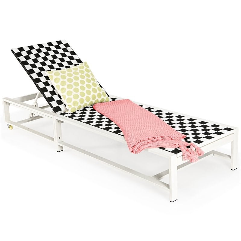 Pemberly Row 2 Pieces Metal Patio Lounge Chaise Chair with Wheel in Black/White