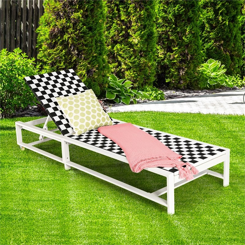 Pemberly Row 2 Pieces Metal Patio Lounge Chaise Chair with Wheel in Black/White