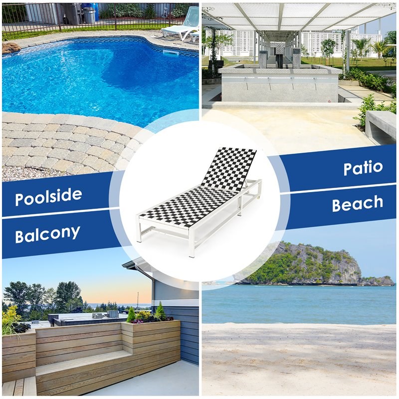 Pemberly Row 2 Pieces Metal Patio Lounge Chaise Chair with Wheel in Black/White