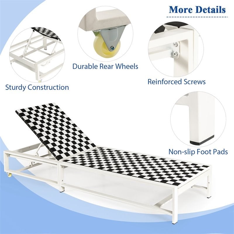 Pemberly Row 2 Pieces Metal Patio Lounge Chaise Chair with Wheel in Black/White