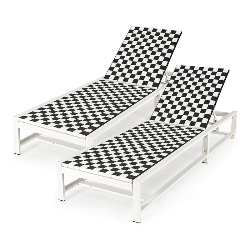 Pemberly Row 2 Pieces Metal Patio Lounge Chaise Chair with Wheel in Black/White