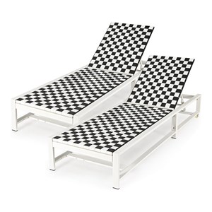 Pemberly Row 2 Pieces Metal Patio Lounge Chaise Chair with Wheel in Black/White