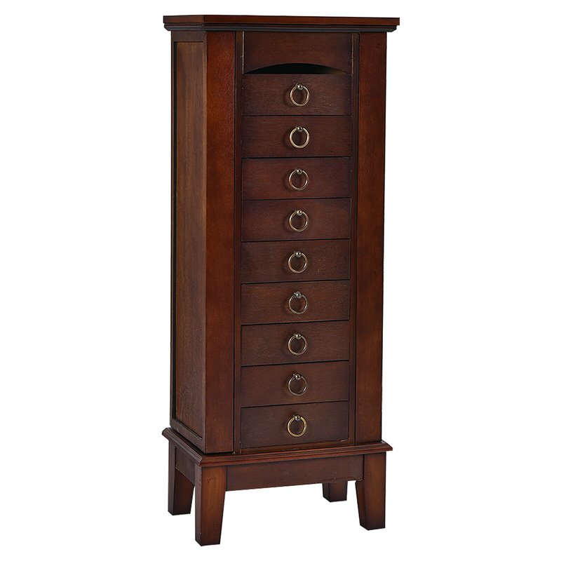 Pemberly Row Contemporary MDF and Glass Jewelry Cabinet with 6 Drawers in Walnut