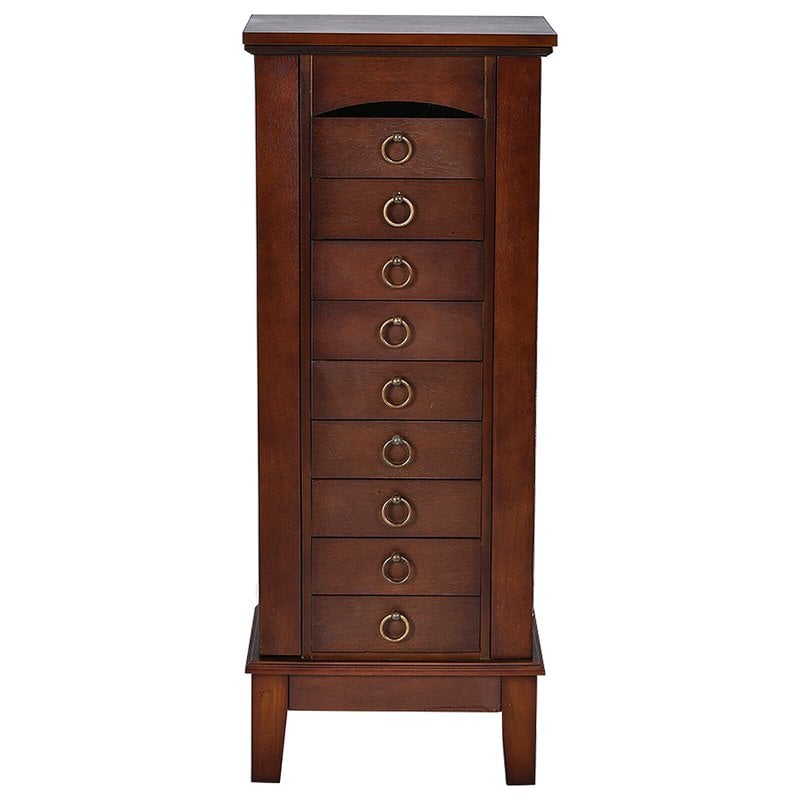 Pemberly Row Contemporary MDF and Glass Jewelry Cabinet with 6 Drawers in Walnut