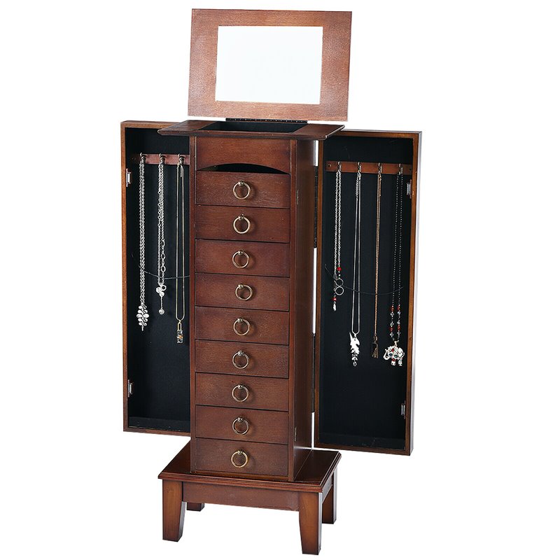 Pemberly Row Contemporary MDF and Glass Jewelry Cabinet with 6 Drawers in Walnut