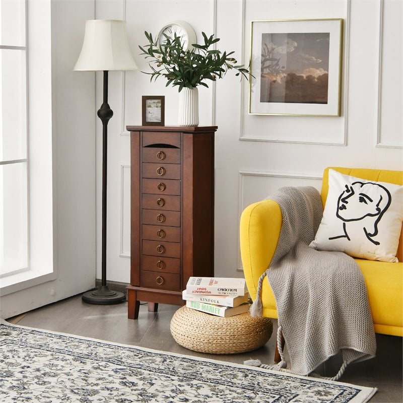 Pemberly Row Contemporary MDF and Glass Jewelry Cabinet with 6 Drawers in Walnut