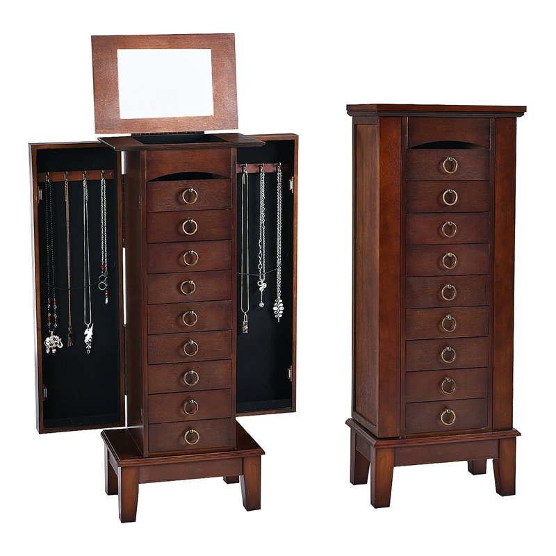 Pemberly Row Contemporary MDF and Glass Jewelry Cabinet with 6 Drawers in Walnut