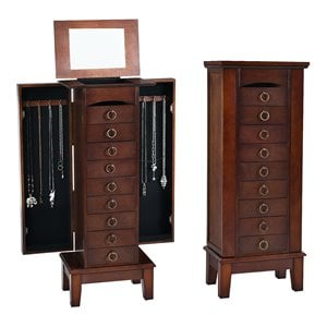 Pemberly Row Contemporary MDF and Glass Jewelry Cabinet with 6 Drawers in Walnut