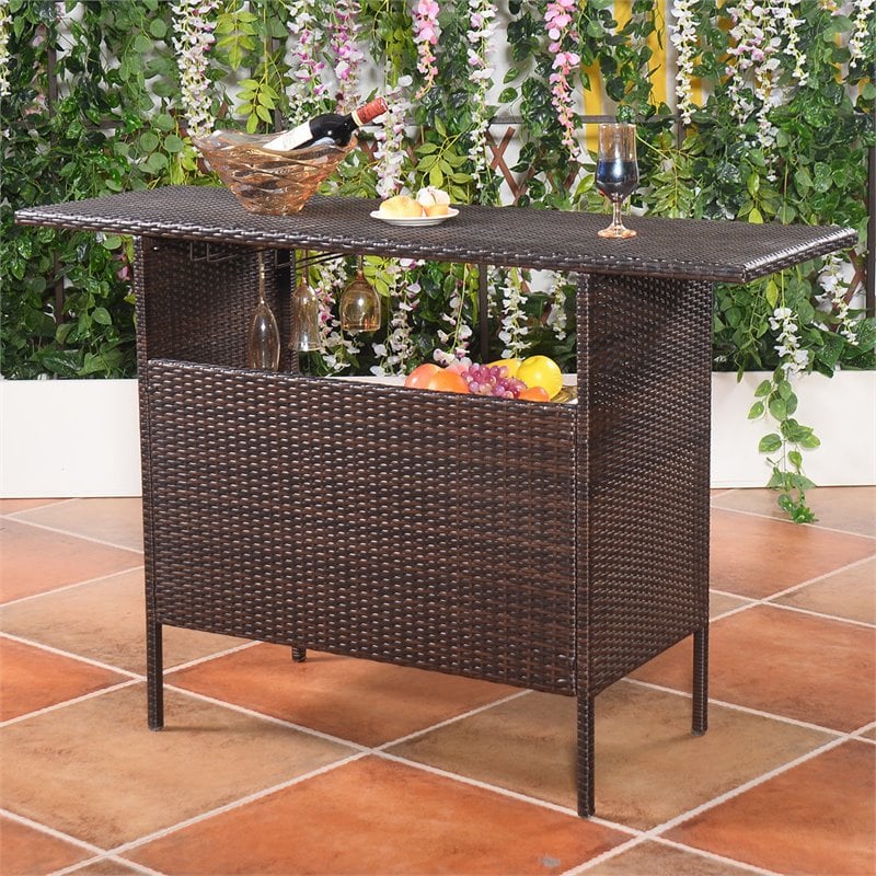 Pemberly Row Rattan Outdoor Patio Bar Counter Table Shelves in Brown