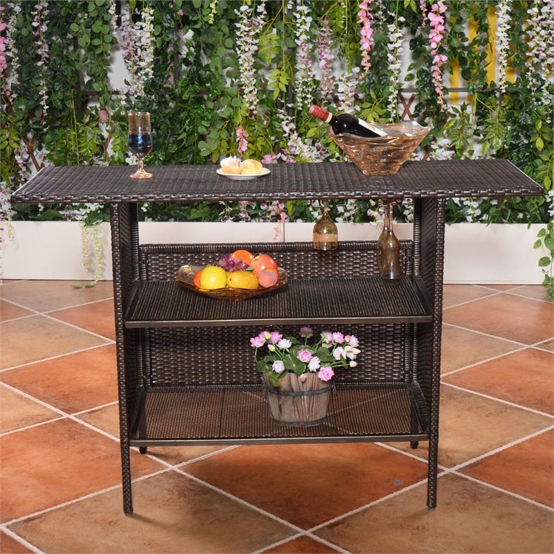 Pemberly Row Rattan Outdoor Patio Bar Counter Table Shelves in Brown